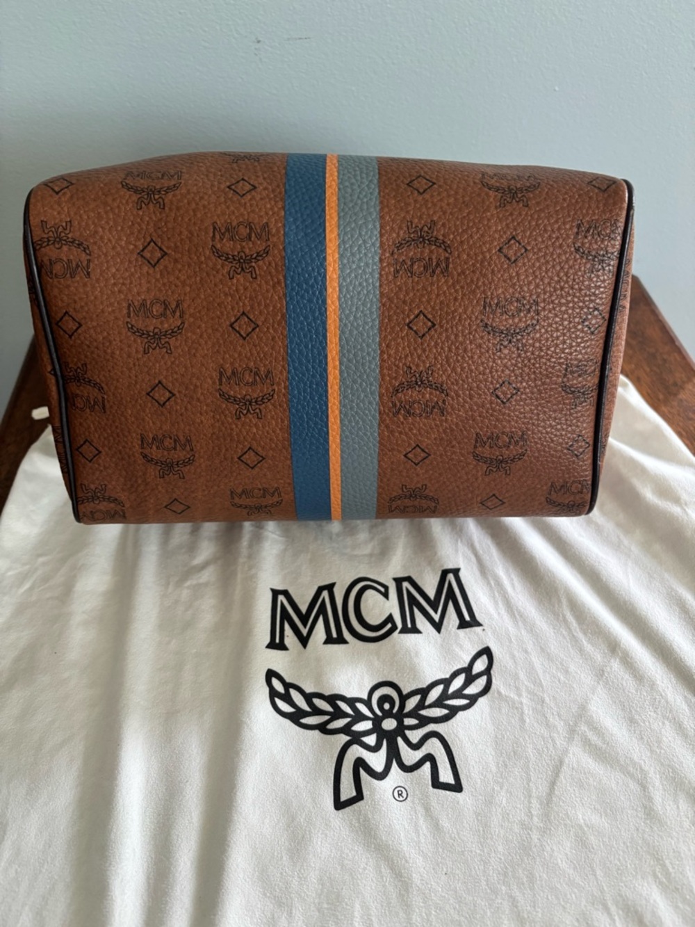 MCM Brown Visetos Satchel with Blue and Orange Stripe - Picture 13 of 13